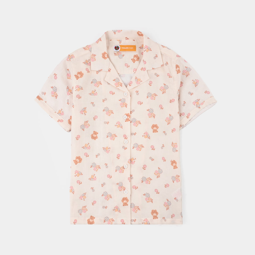 Girls Linen Viscose Nightwear-Teddy Flora-Cream