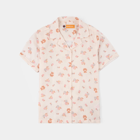 Girls Linen Viscose Nightwear-Teddy Flora-Cream