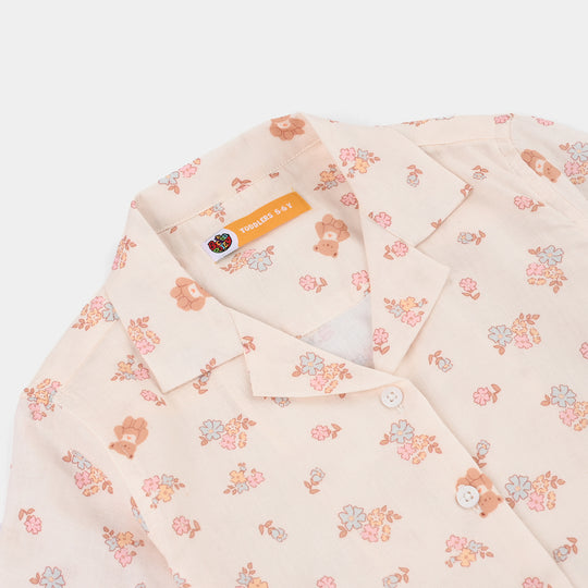 Girls Linen Viscose Nightwear-Teddy Flora-Cream