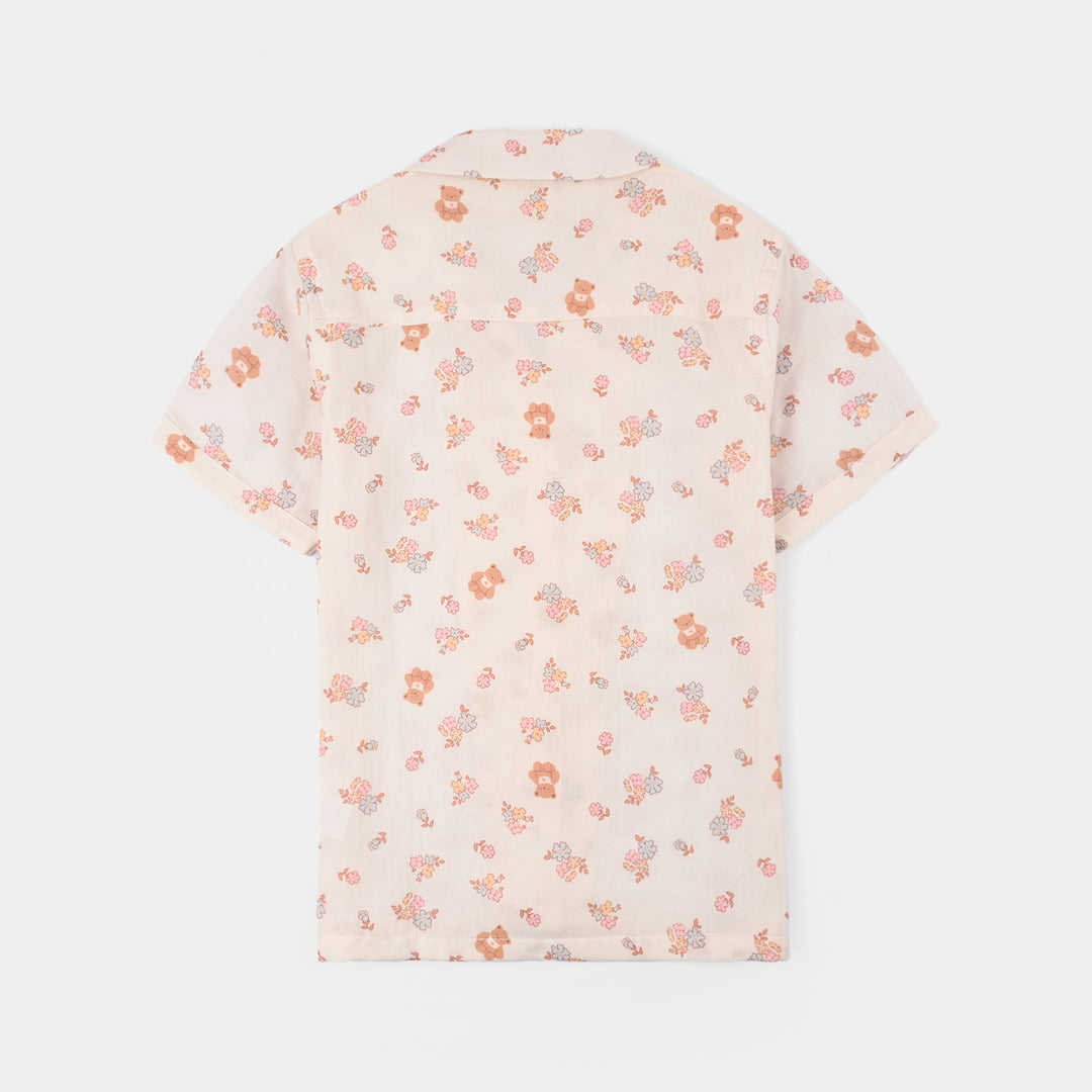 Girls Linen Viscose Nightwear-Teddy Flora-Cream