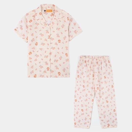 Girls Linen Viscose Nightwear-Teddy Flora-Cream