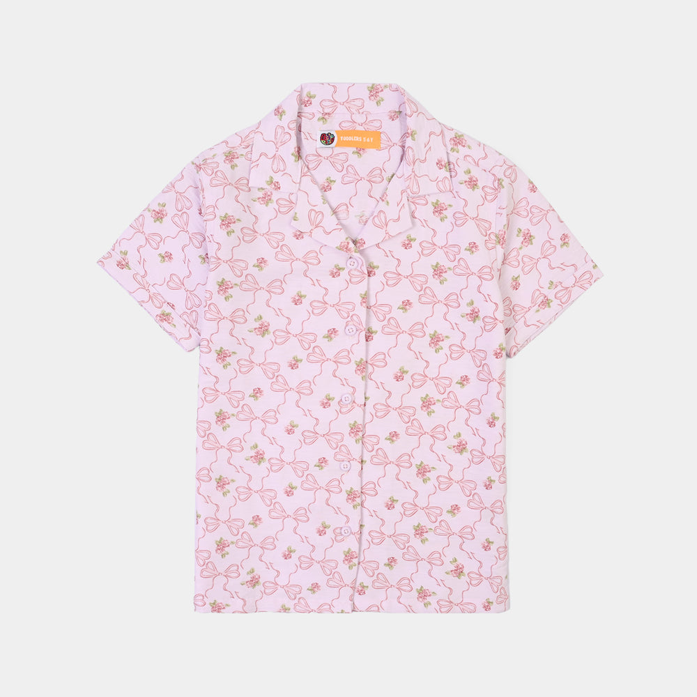 Girls Linen Viscose Nightwear-Bow & Flower-Lilac