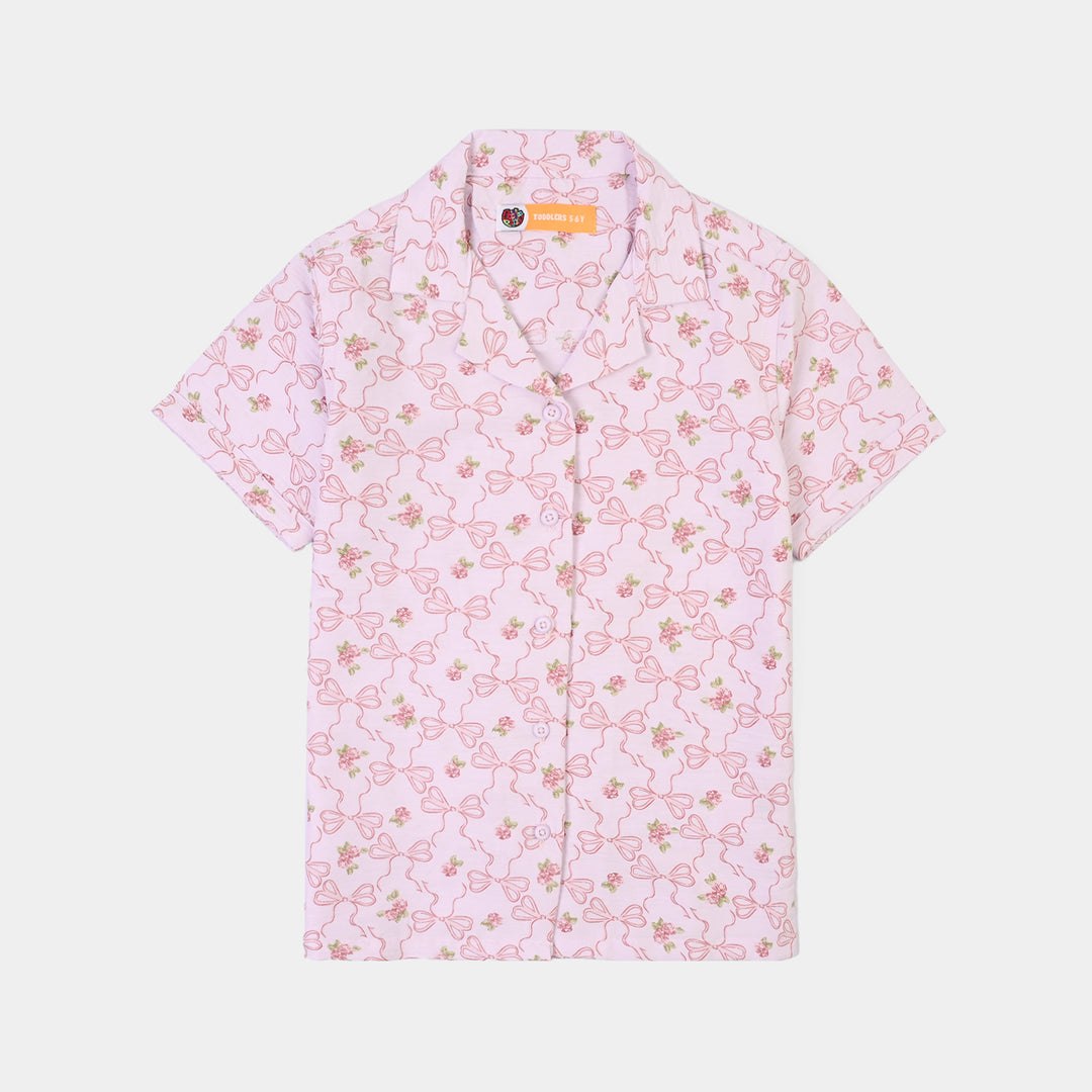Girls Linen Viscose Nightwear-Bow & Flower-Lilac