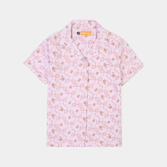 Girls Linen Viscose Nightwear-Bow & Flower-Lilac