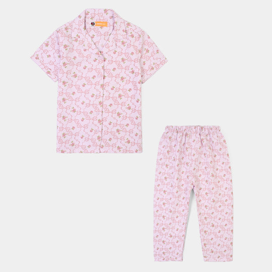 Girls Linen Viscose Nightwear-Bow & Flower-Lilac
