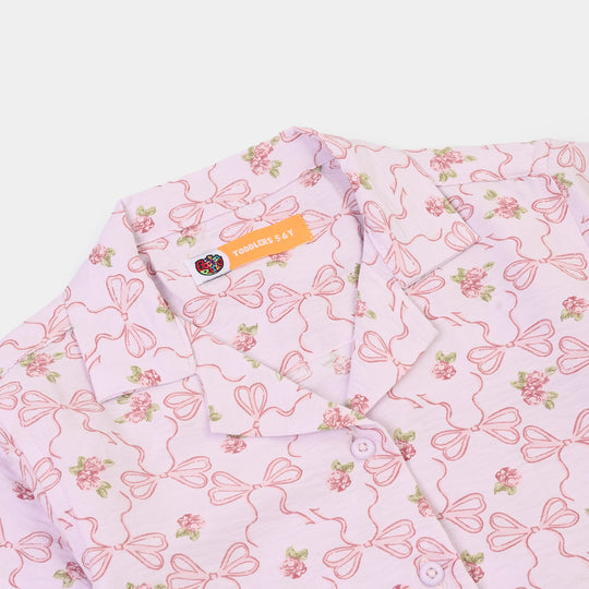 Girls Linen Viscose Nightwear-Bow & Flower-Lilac