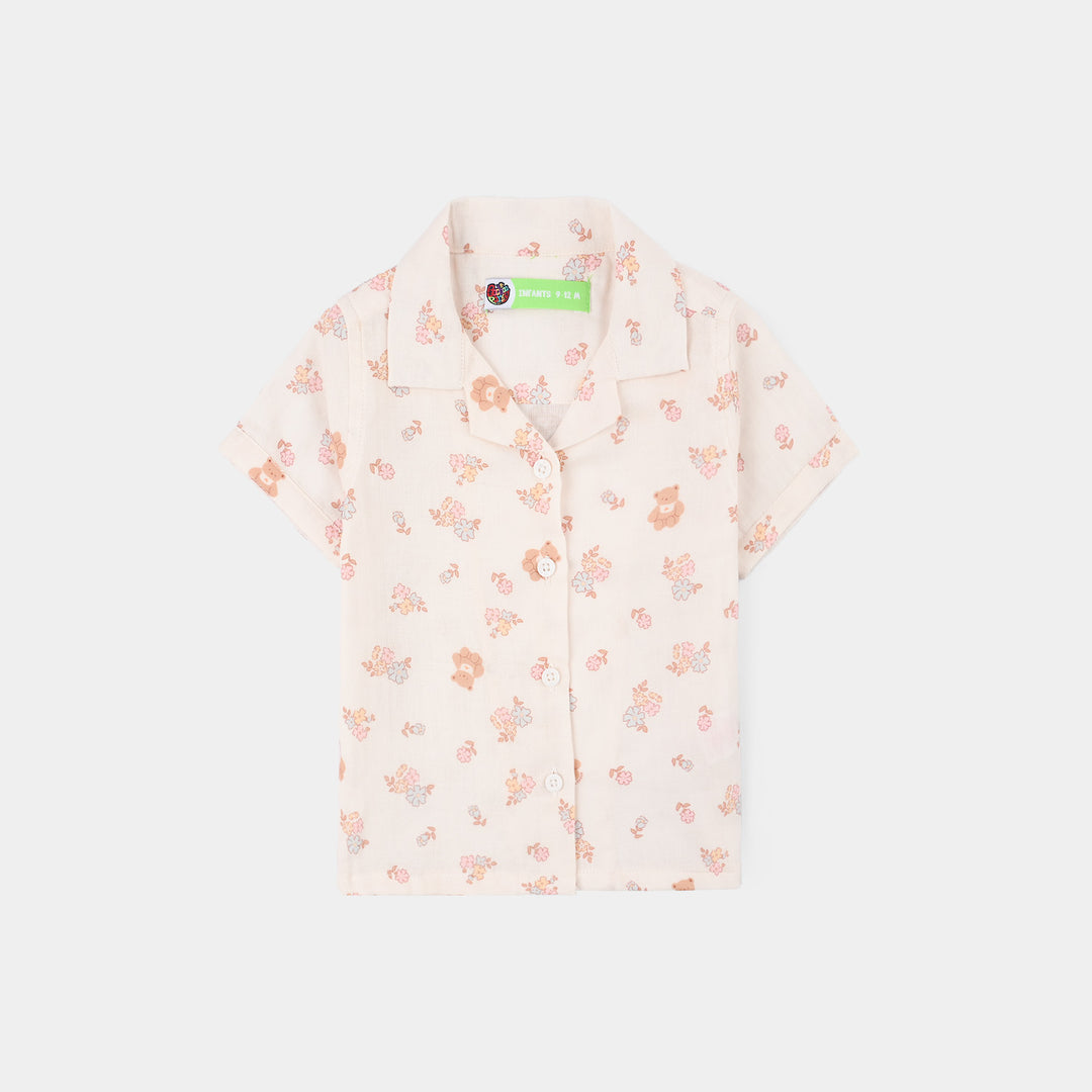 Infant Girls Linen Viscose Nightwear-Teddy Flora-Cream