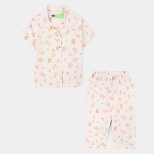 Infant Girls Linen Viscose Nightwear-Teddy Flora-Cream