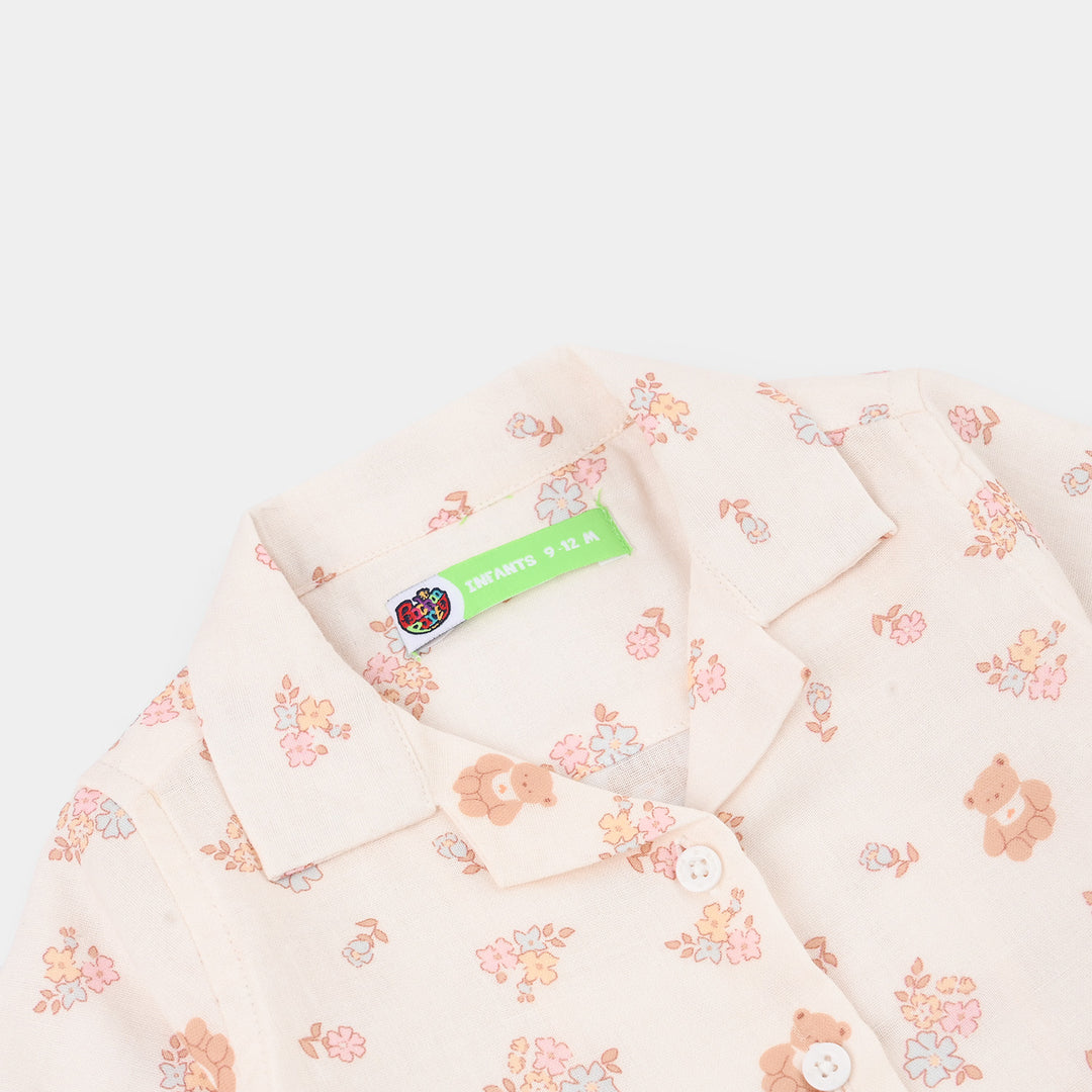 Infant Girls Linen Viscose Nightwear-Teddy Flora-Cream