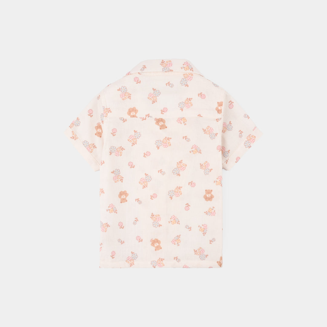 Infant Girls Linen Viscose Nightwear-Teddy Flora-Cream