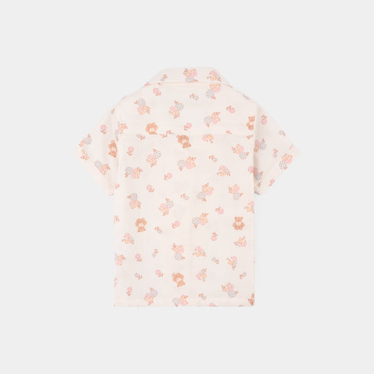 Infant Girls Linen Viscose Nightwear-Teddy Flora-Cream