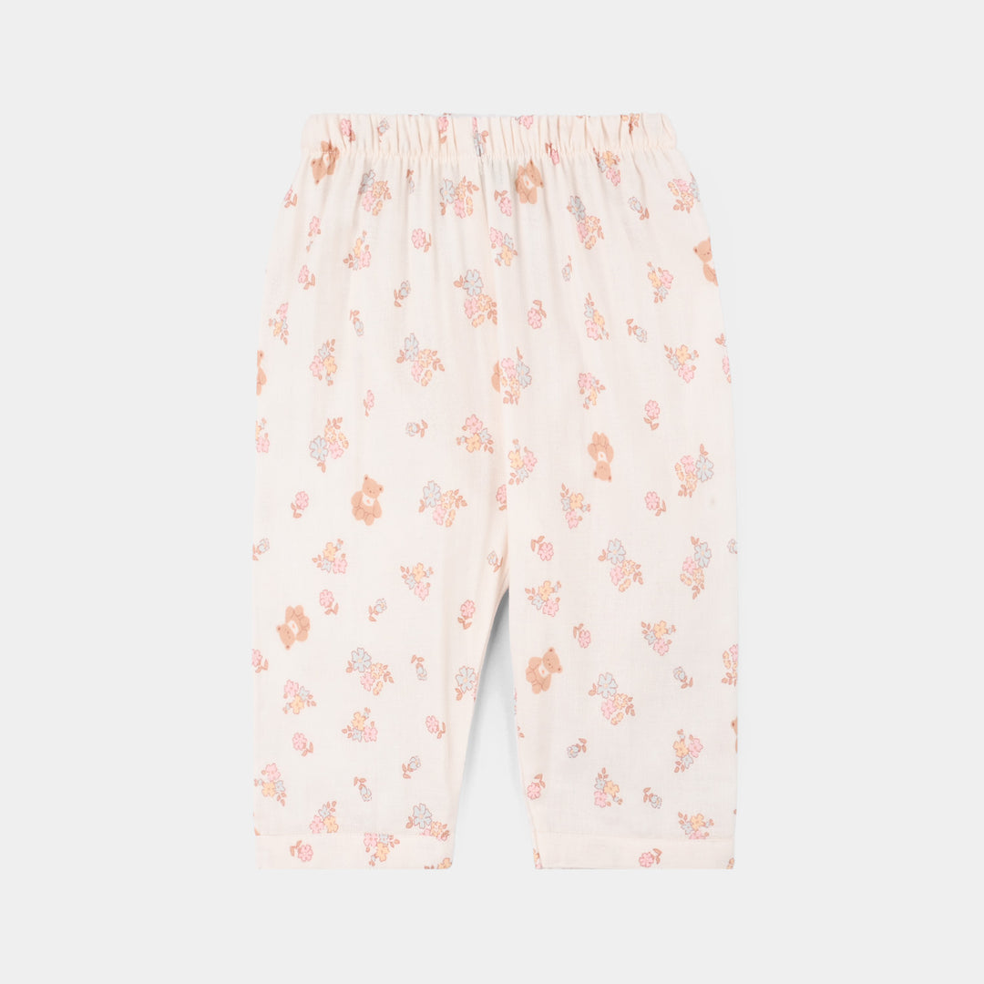 Infant Girls Linen Viscose Nightwear-Teddy Flora-Cream