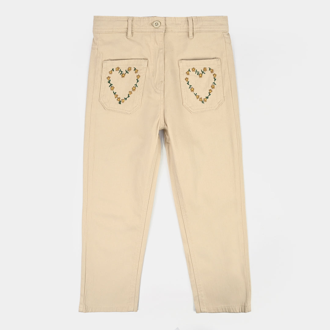 Girls Cotton Twill Pant Hearts-BEIGE