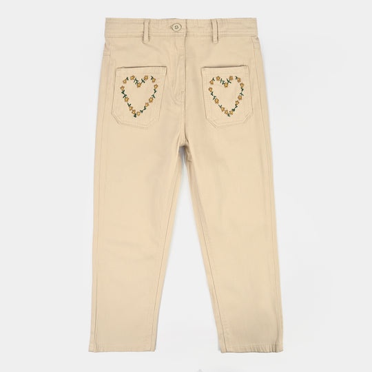 Girls Cotton Twill Pant Hearts-BEIGE
