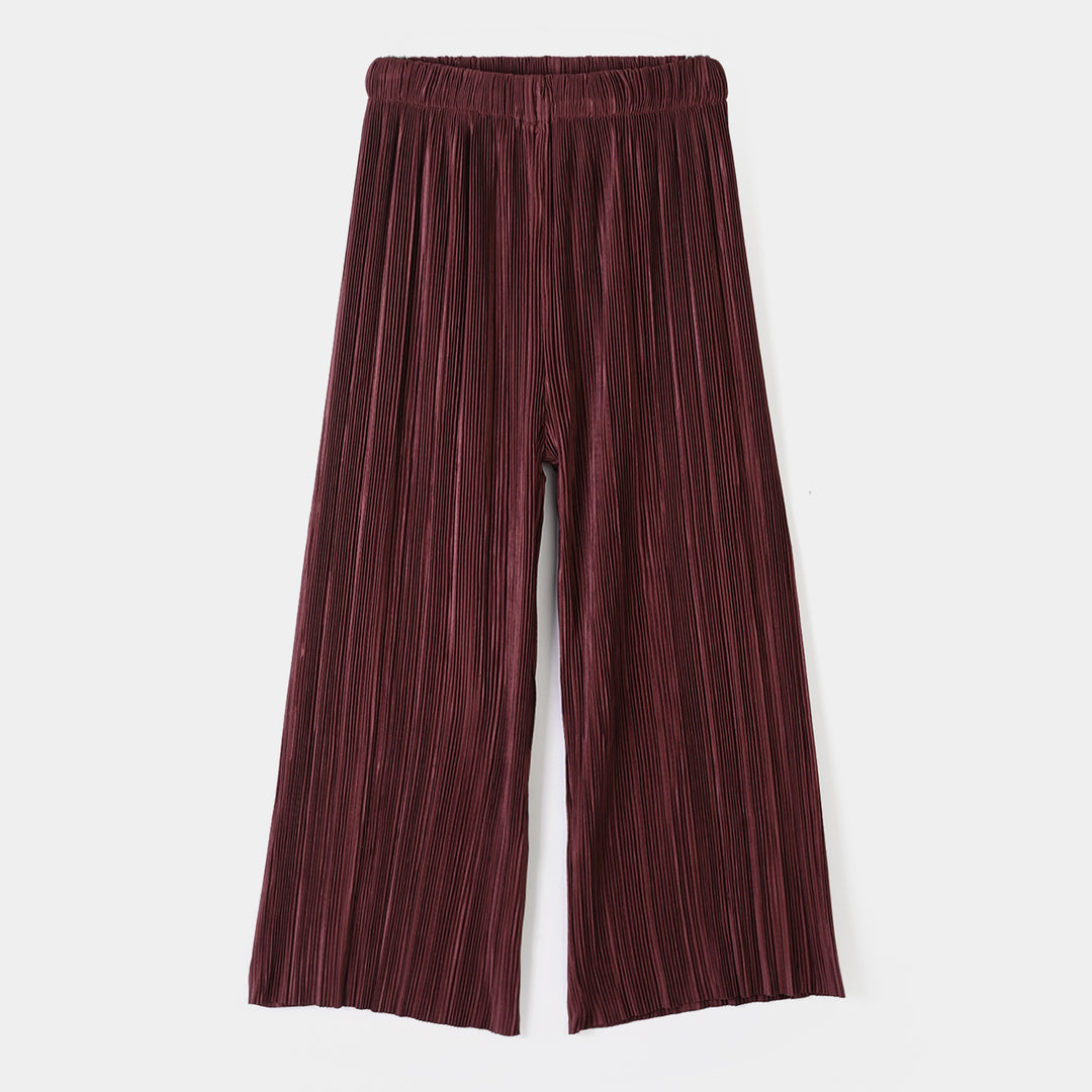 Girls Polyester Maroon Pleated Pant-MAROON