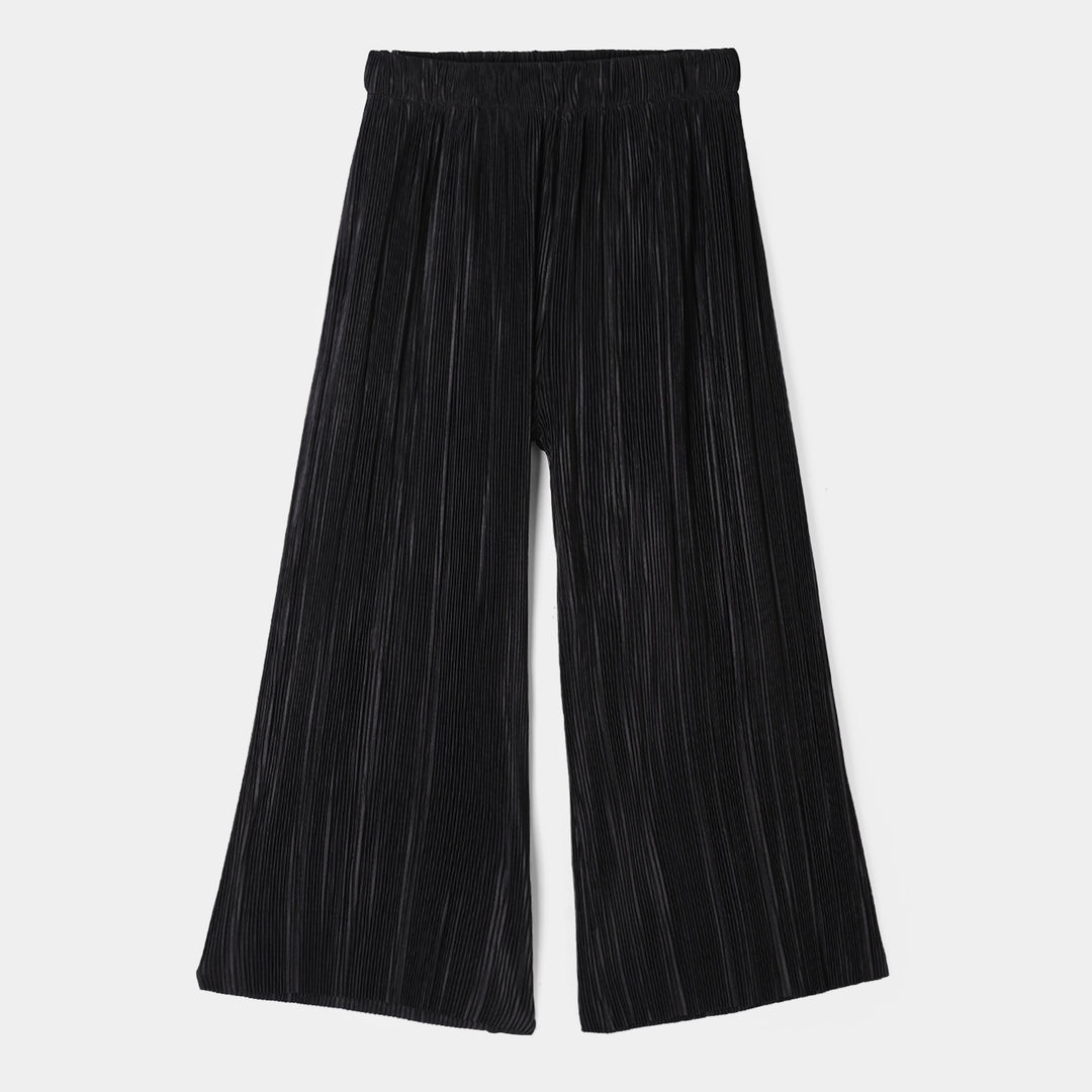 Teens Girls Polyester Black Pleated Pant-BLACK