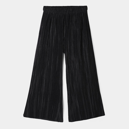 Teens Girls Polyester Black Pleated Pant-BLACK