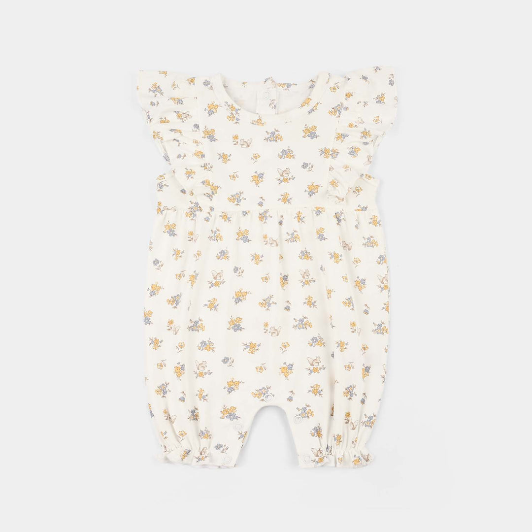 Infant Girls 2x1 Rib Romper Rabbit-White