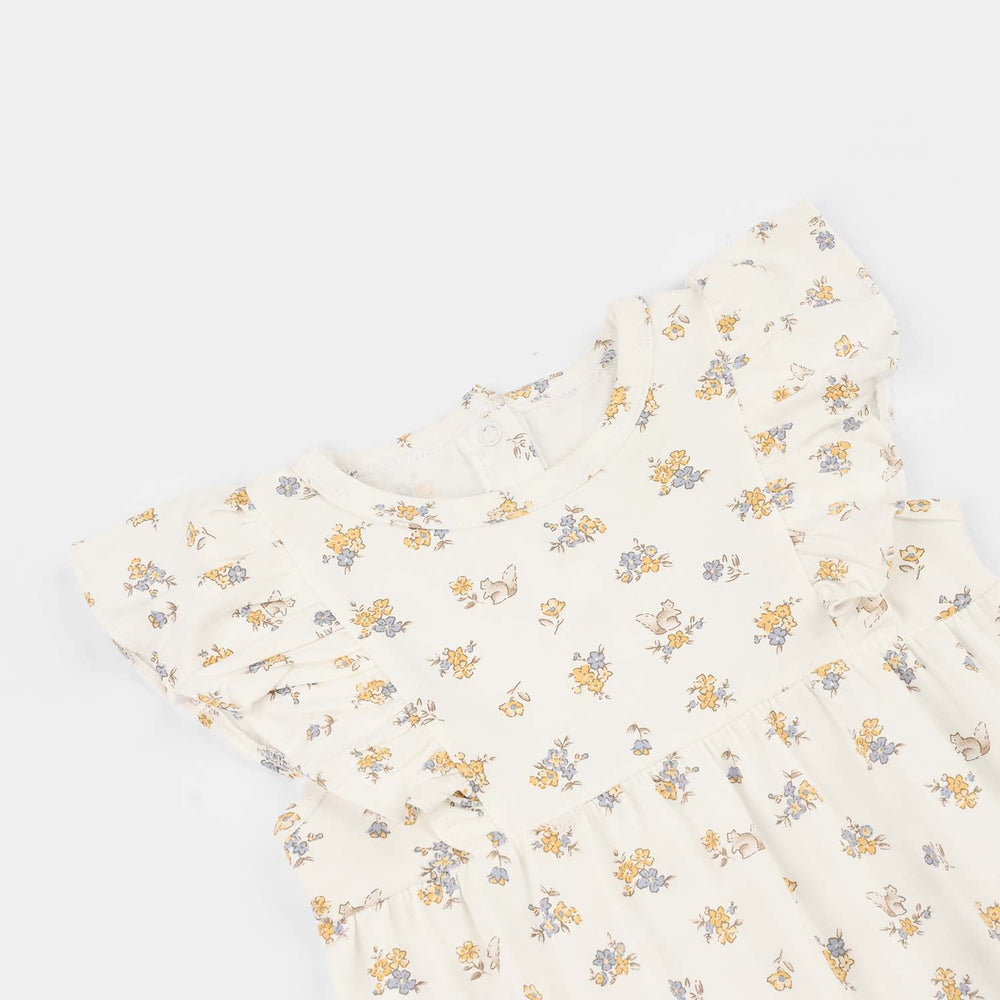 Infant Girls 2x1 Rib Romper Rabbit-White