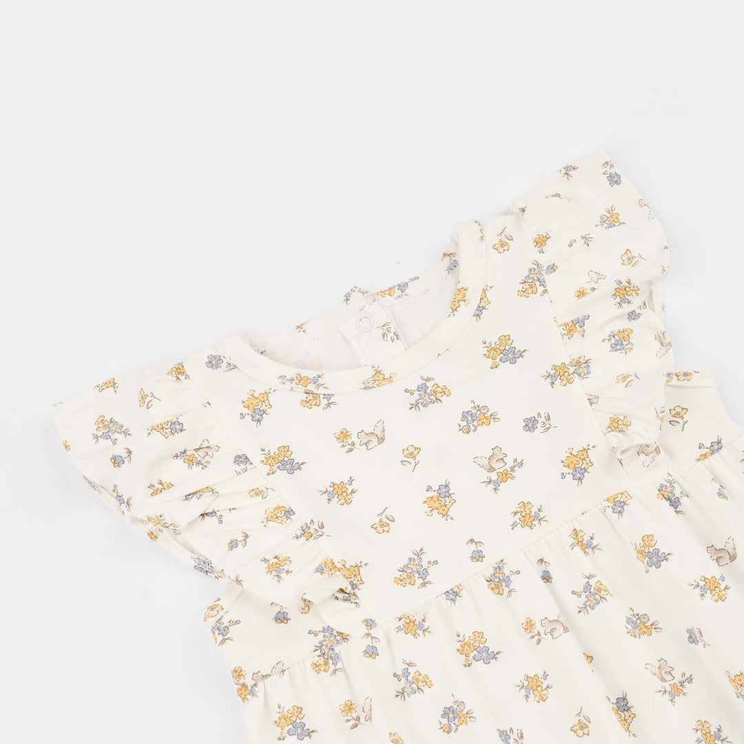 Infant Girls 2x1 Rib Romper Rabbit-White