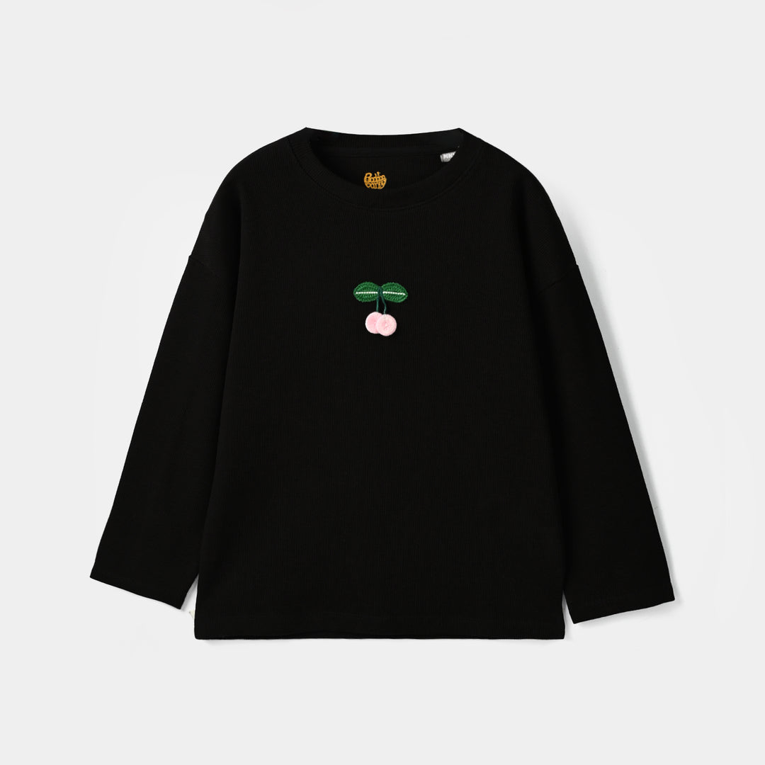 Girls Cotton Baby Rib T-Shirt Full Sleeves Cherry - Black