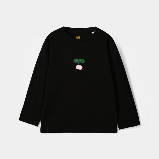 Girls Cotton Baby Rib T-Shirt Full Sleeves Cherry - Black