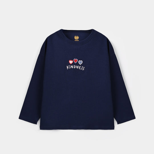 Girls Cotton Baby Rib T-Shirt Kindness-NAVY