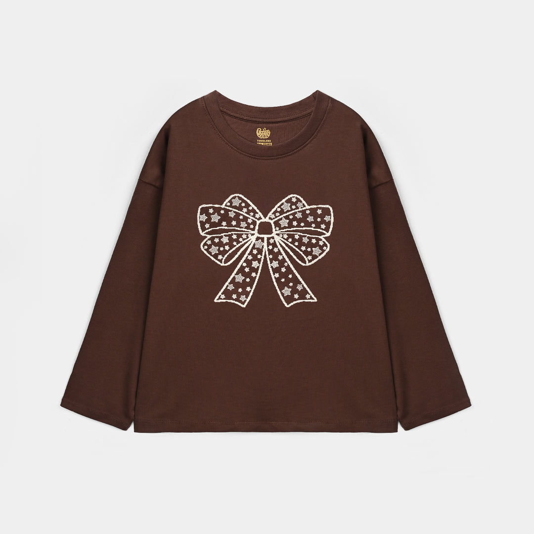 Girls Cotton Jersey T-Shirt BOW- Brown