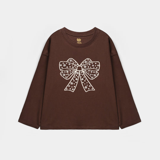 Girls Cotton Jersey T-Shirt BOW- Brown