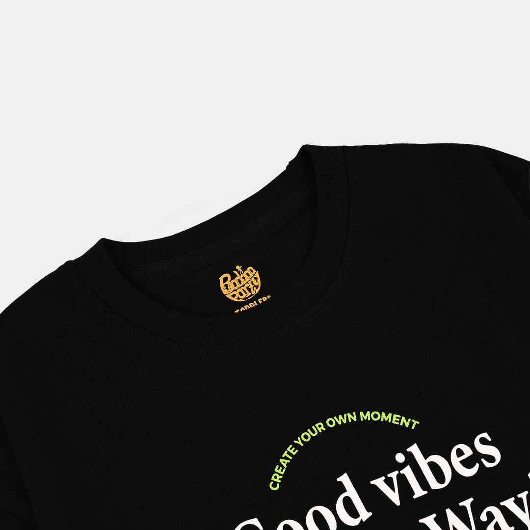 Boys Cotton Jersey T-Shirt Good Vibes - BLACK