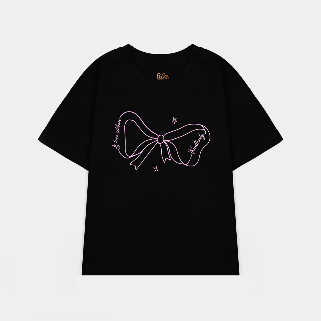 Girls Cotton Jersey T-Shirt I love Ribbons - BLACK