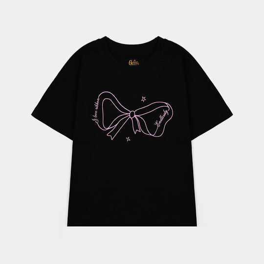 Girls Cotton Jersey T-Shirt I love Ribbons - BLACK