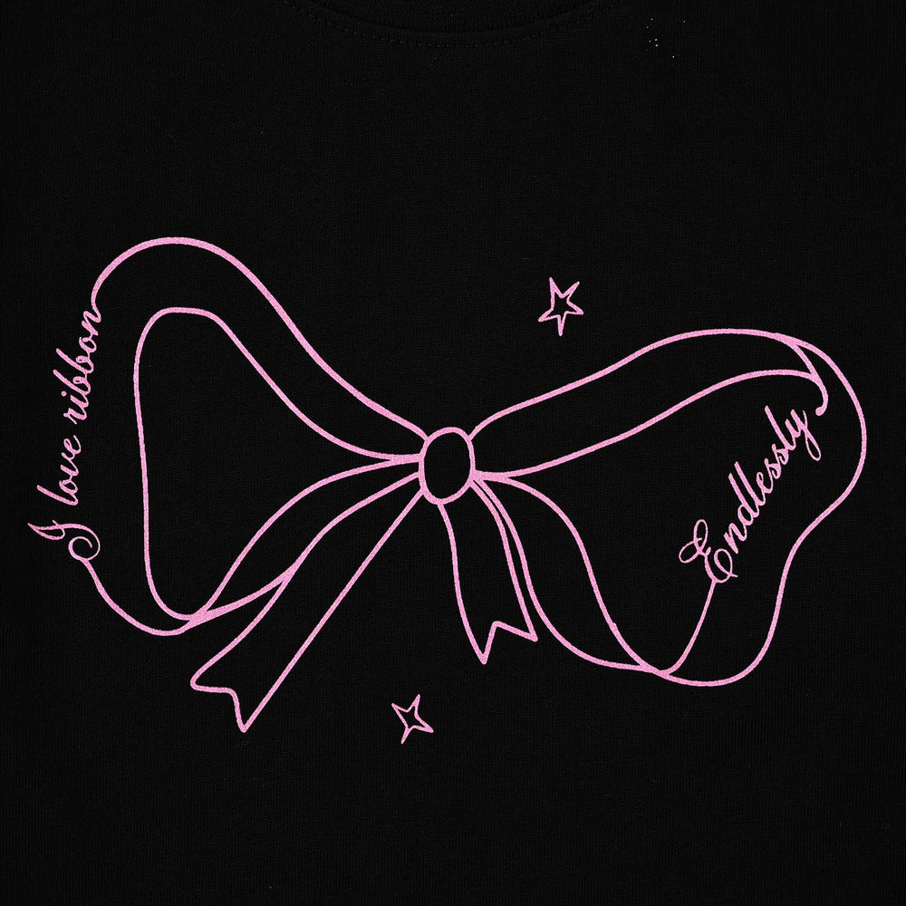 Girls Cotton Jersey T-Shirt I love Ribbons - BLACK