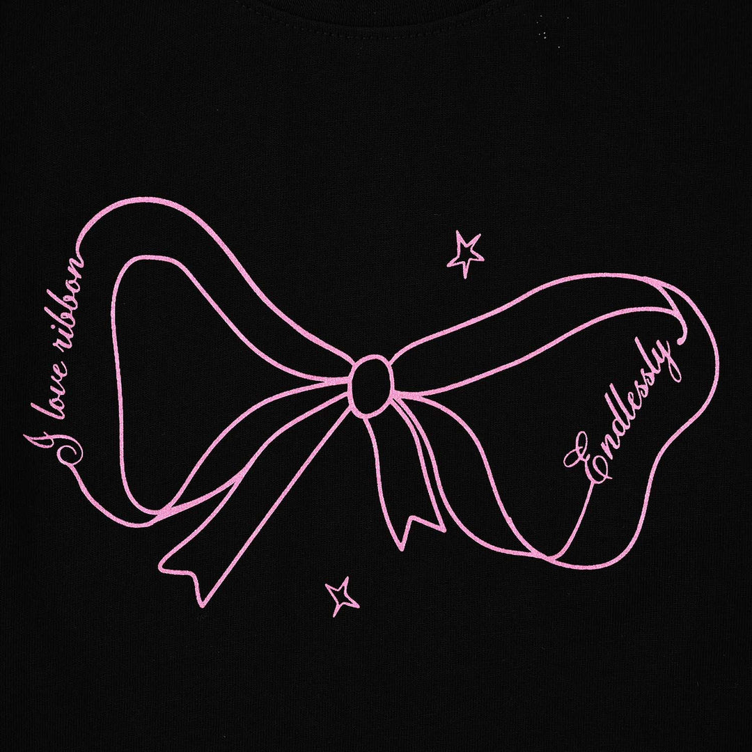 Girls Cotton Jersey T-Shirt I love Ribbons - BLACK