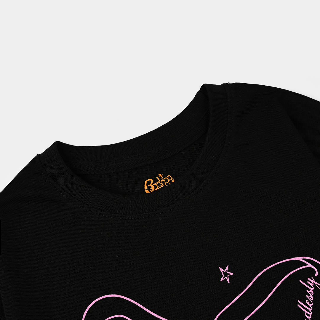 Girls Cotton Jersey T-Shirt I love Ribbons - BLACK