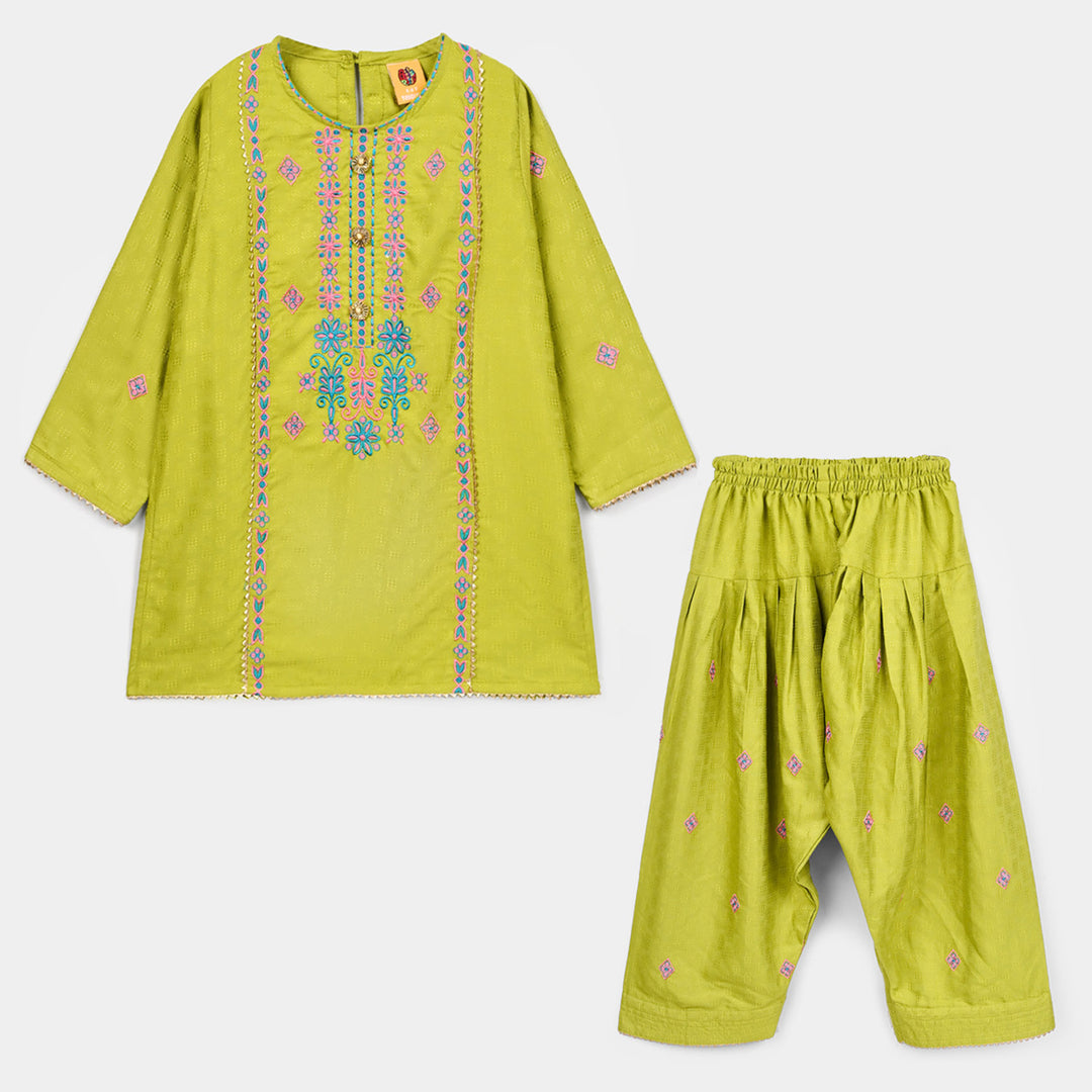 Girls Raw Silk 2Pcs Artistic - Olive Green
