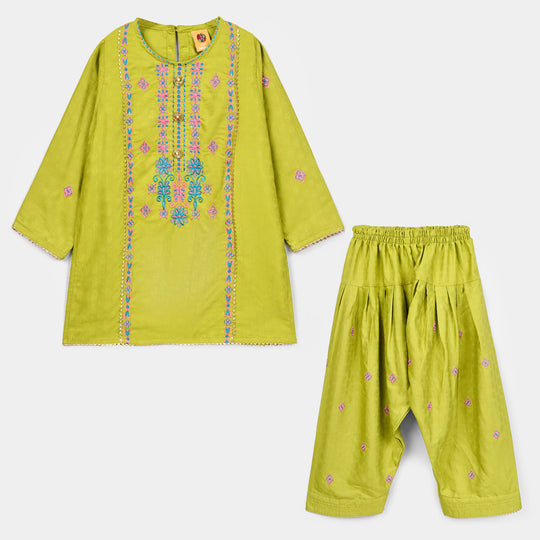 Girls Raw Silk 2Pcs Artistic - Olive Green