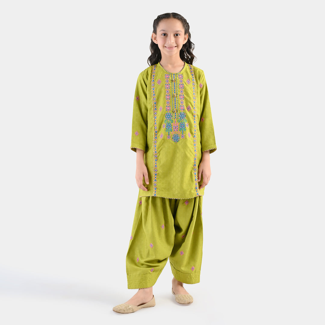 Girls Raw Silk 2Pcs Artistic - Olive Green