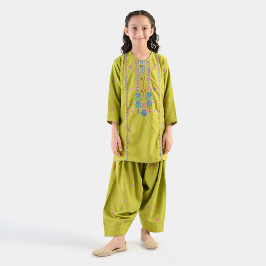 Girls Raw Silk 2Pcs Artistic - Olive Green