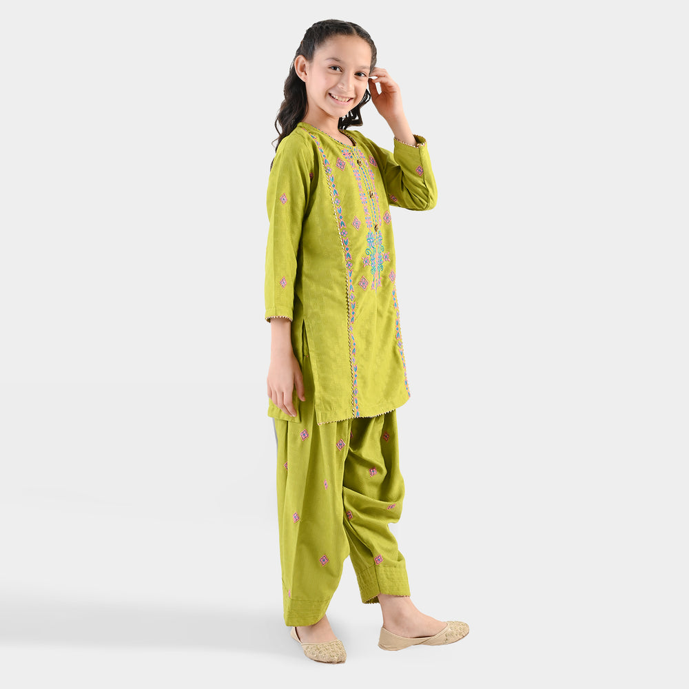 Girls Raw Silk 2Pcs Artistic - Olive Green