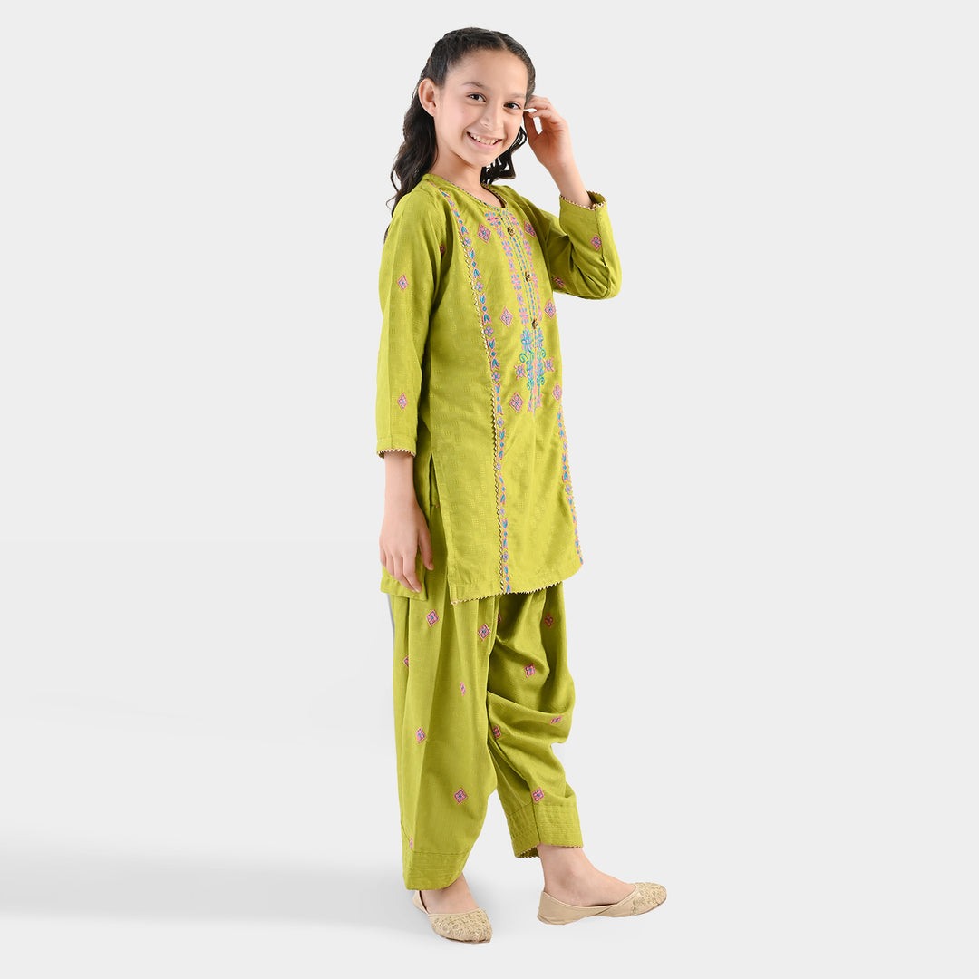 Girls Raw Silk 2Pcs Artistic - Olive Green
