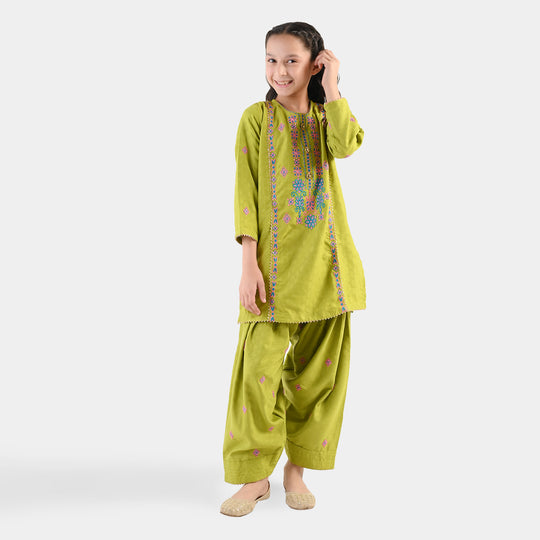 Girls Raw Silk 2Pcs Artistic - Olive Green
