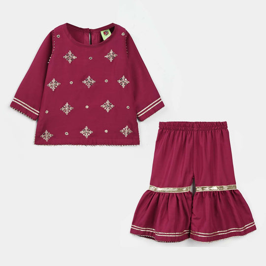 Infant Girls Raw Silk 2Pcs Chanda - Burgundy