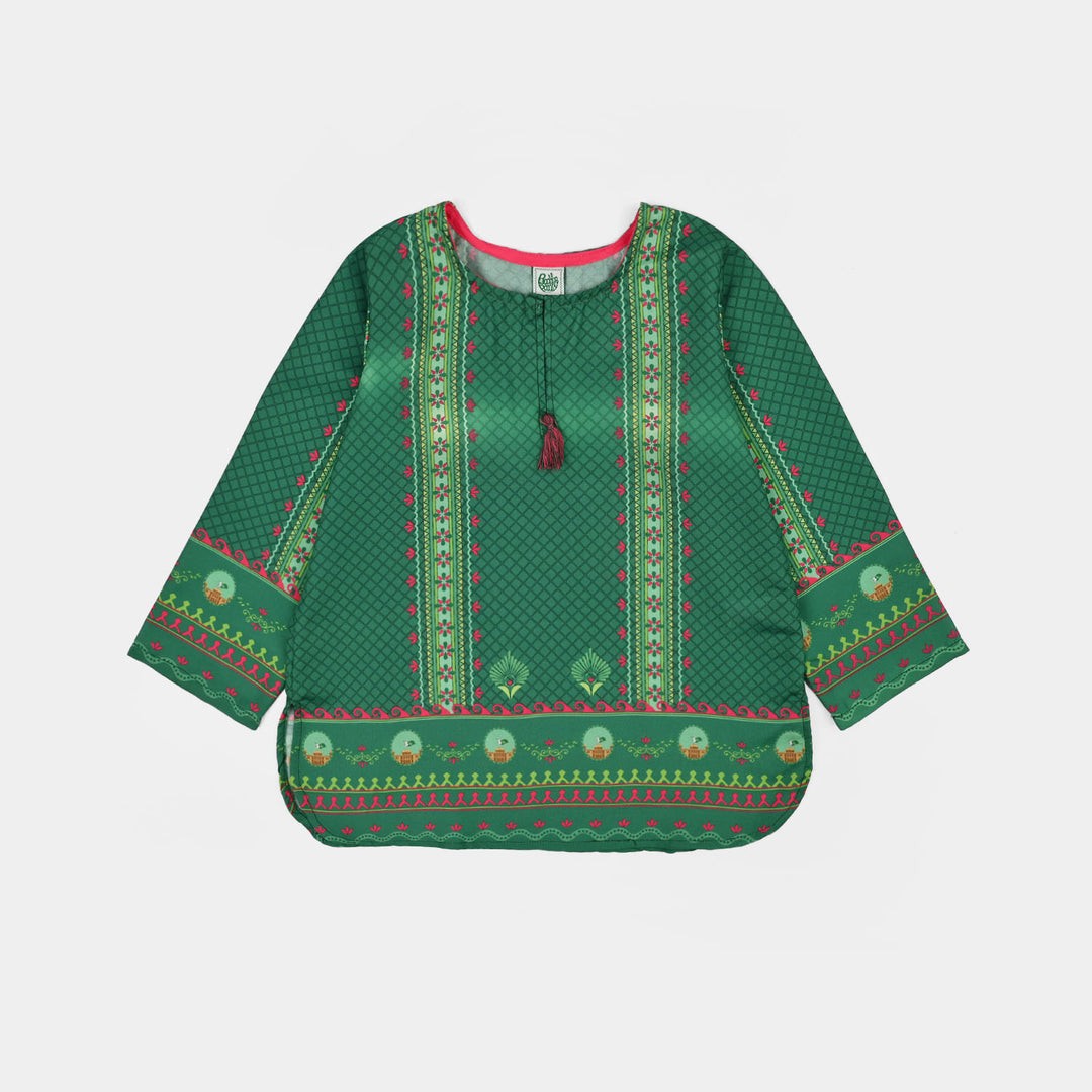 Girls Poly Lawn Casual Top Panel Flags-Green