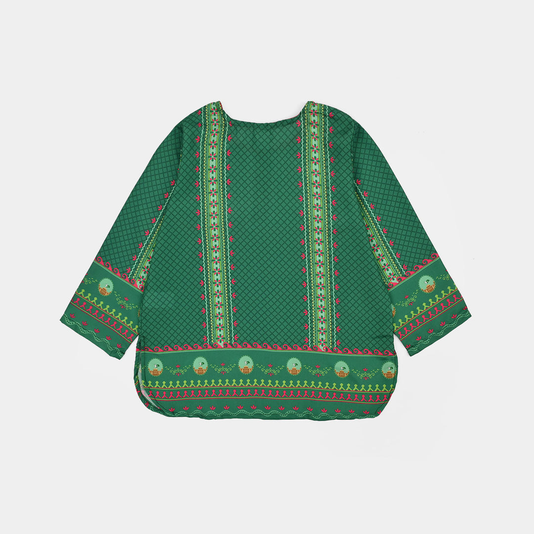 Girls Poly Lawn Casual Top Panel Flags-Green