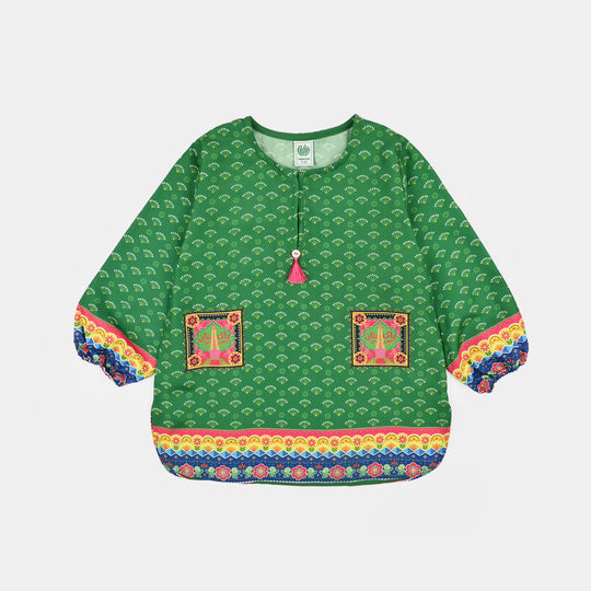 Girls Poly Lawn IND Top Printed Pocket-Green