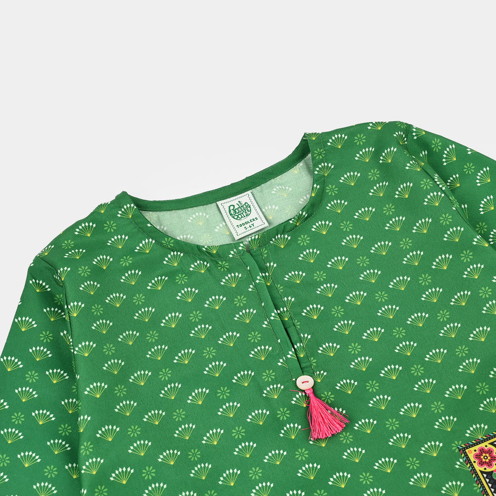 Girls Poly Lawn IND Top Printed Pocket-Green