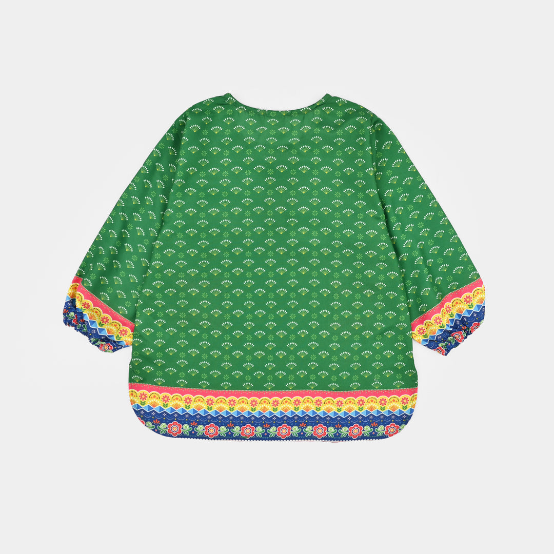 Girls Poly Lawn IND Top Printed Pocket-Green