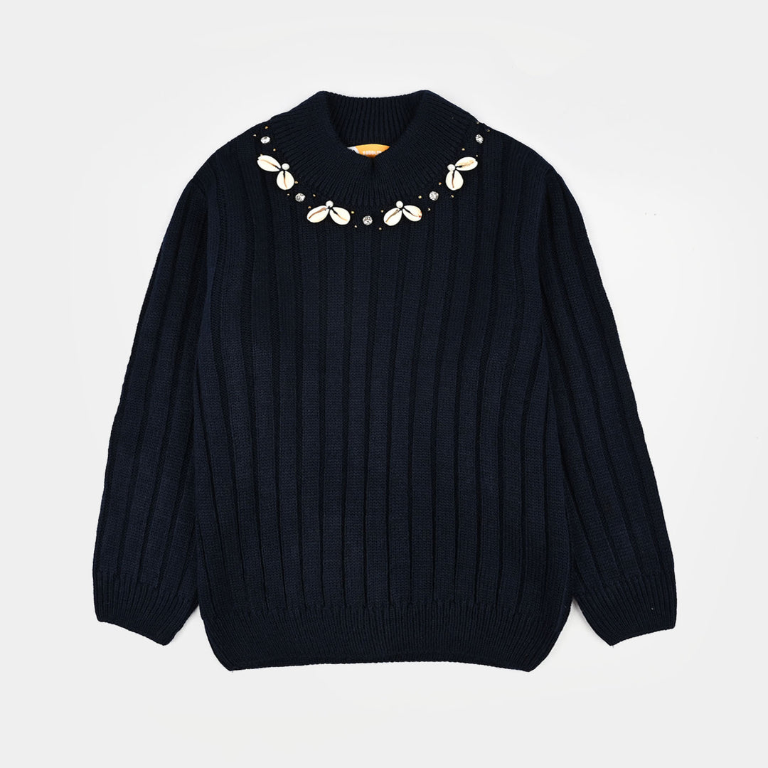 Girls Acrylic Sweater-Sea Shell-NAVY
