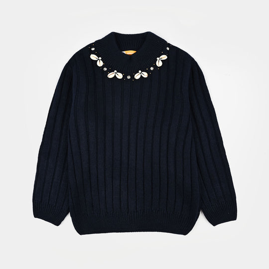 Girls Acrylic Sweater-Sea Shell-NAVY